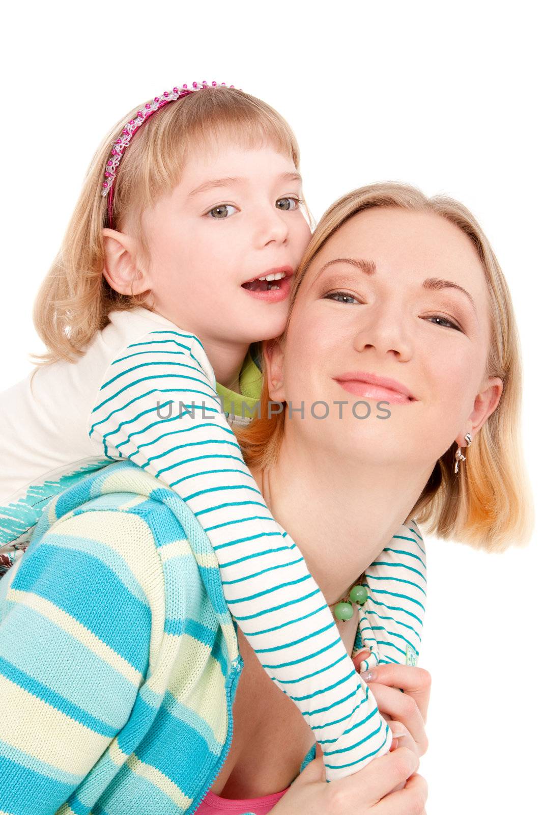 Happy mother and daughter on isolated white