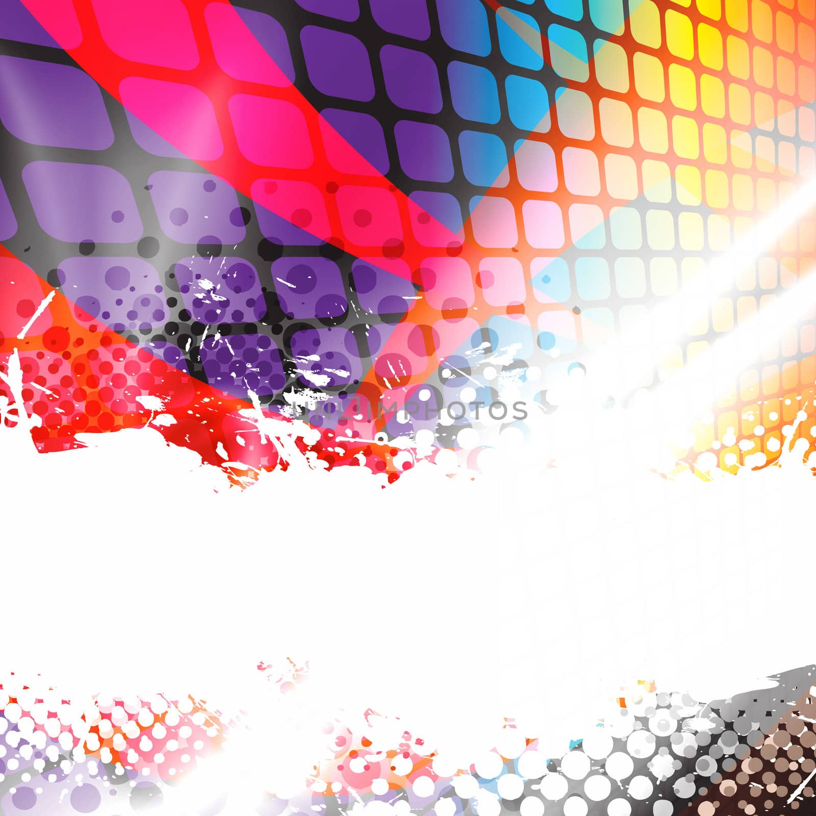 A colorful abstract background layout with halftone dots and negative space.