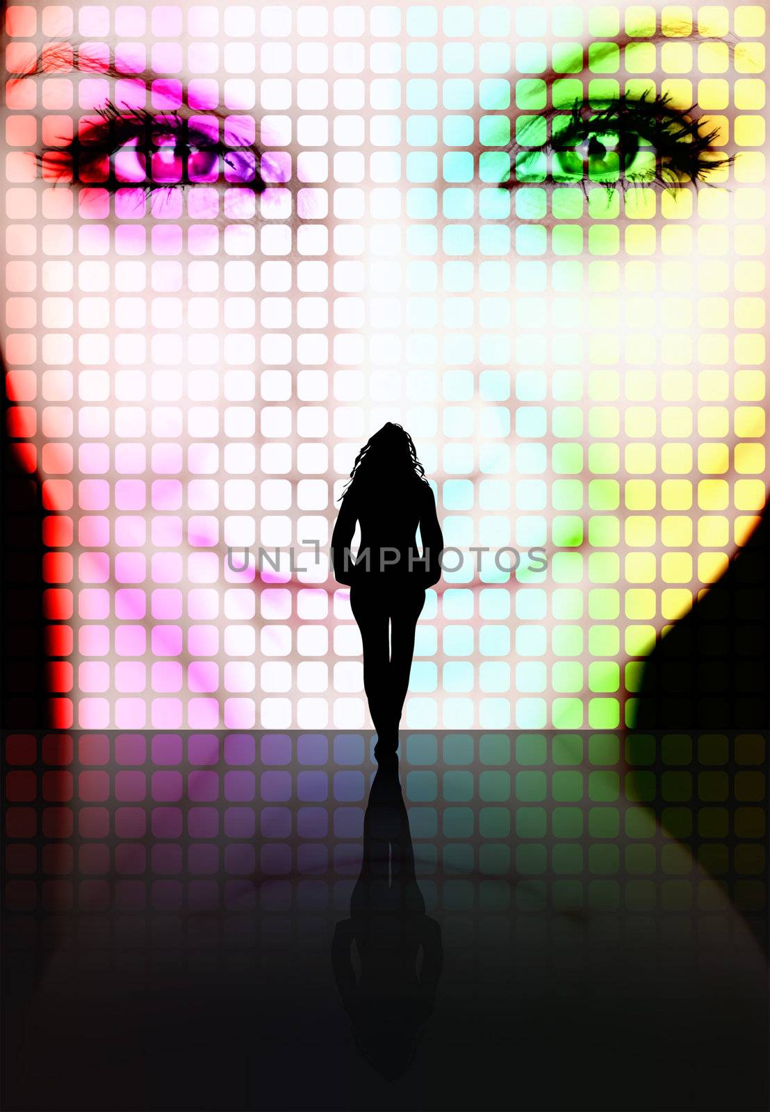 Illustration with a silhouette of a woman looking at another pretty womans face on a screen.
