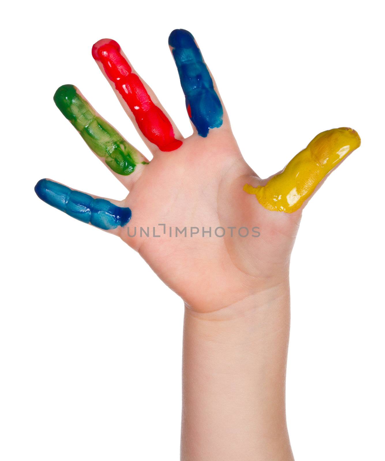 close-up painted child hand, isolated on white