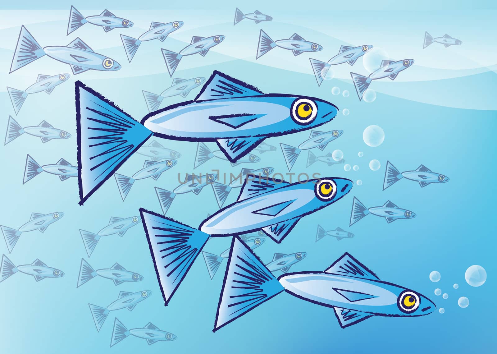 A vector illustration of stylized sardine fish. Three sardines to the foreground with a shoal, or school, of sardines to the background over a blue background.