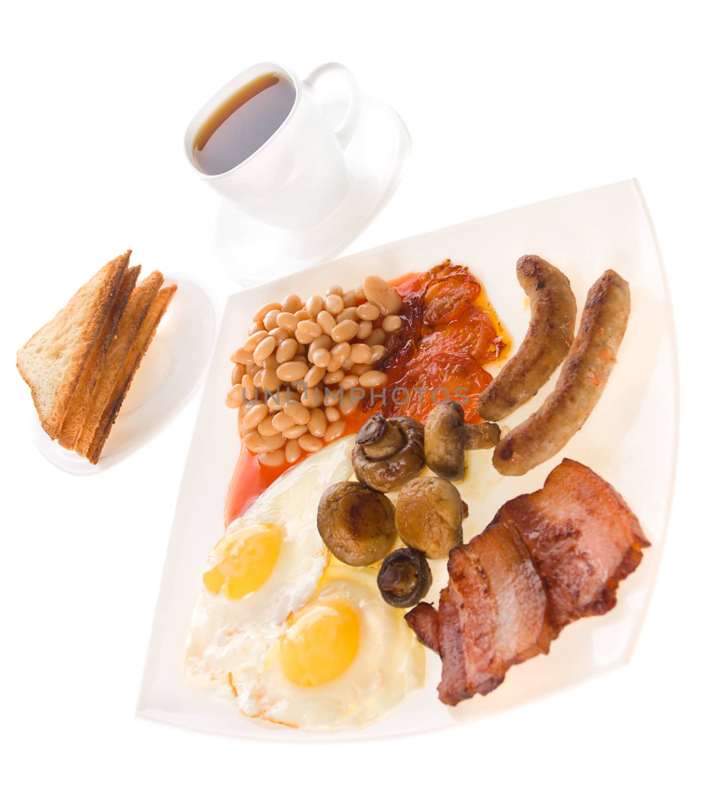 close-up traditional english breakfast, isolated on white