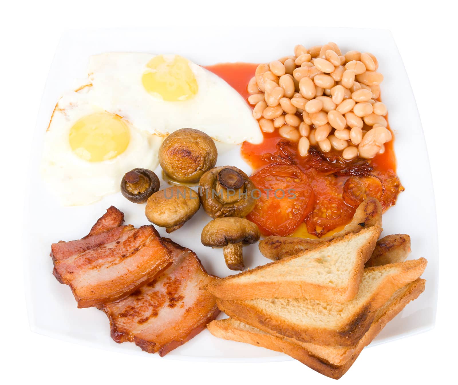 close-up traditional english breakfast, isolated on white