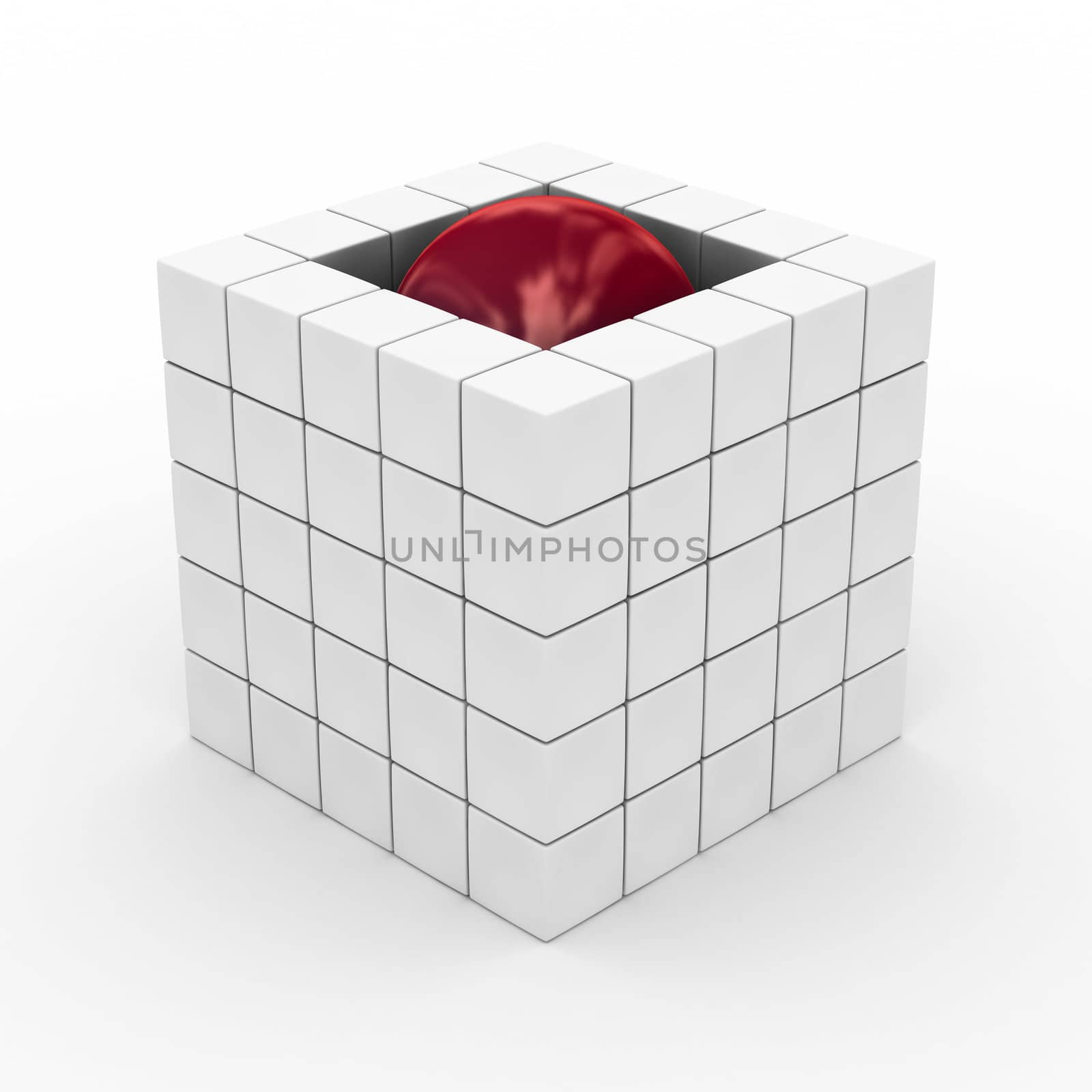 Cube with sphere on a white background. 3D image