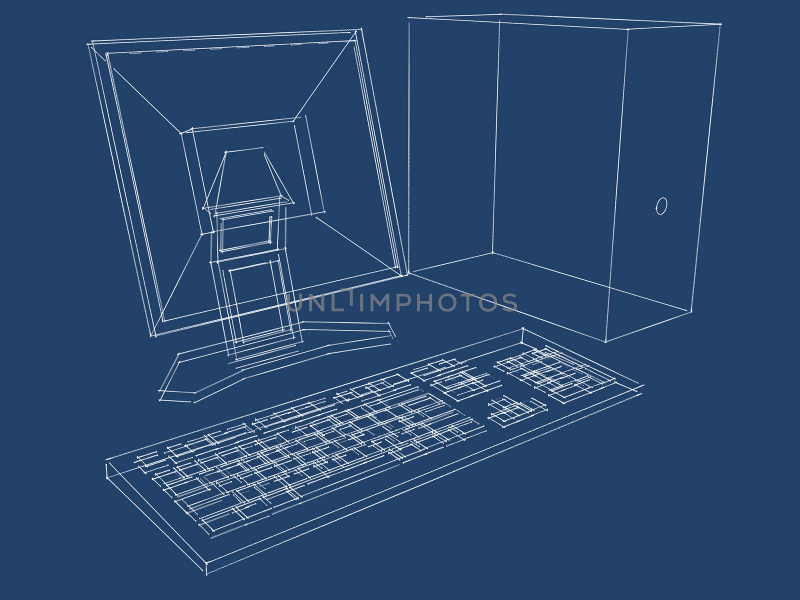 Blueprint of a computer, LCD monitor and keyboard in three dimensions