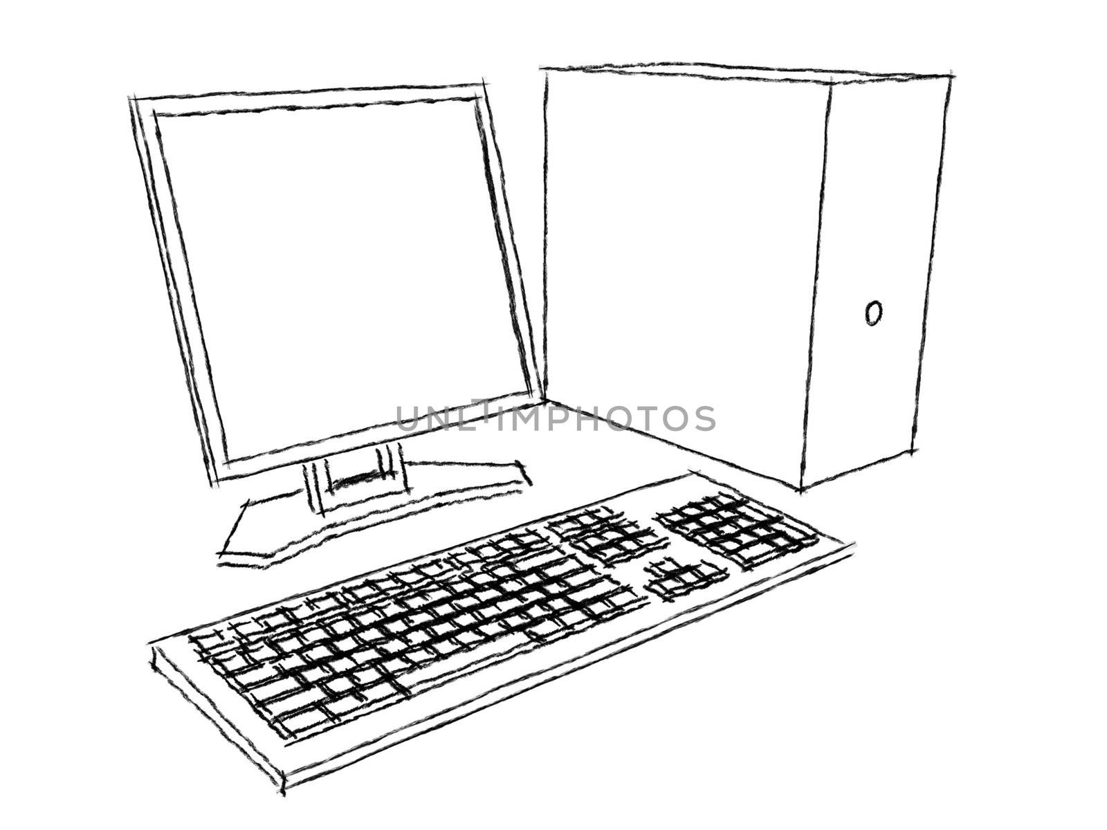A 3d computer, LCD monitor and keyboard drawn with charcoal isolated on white