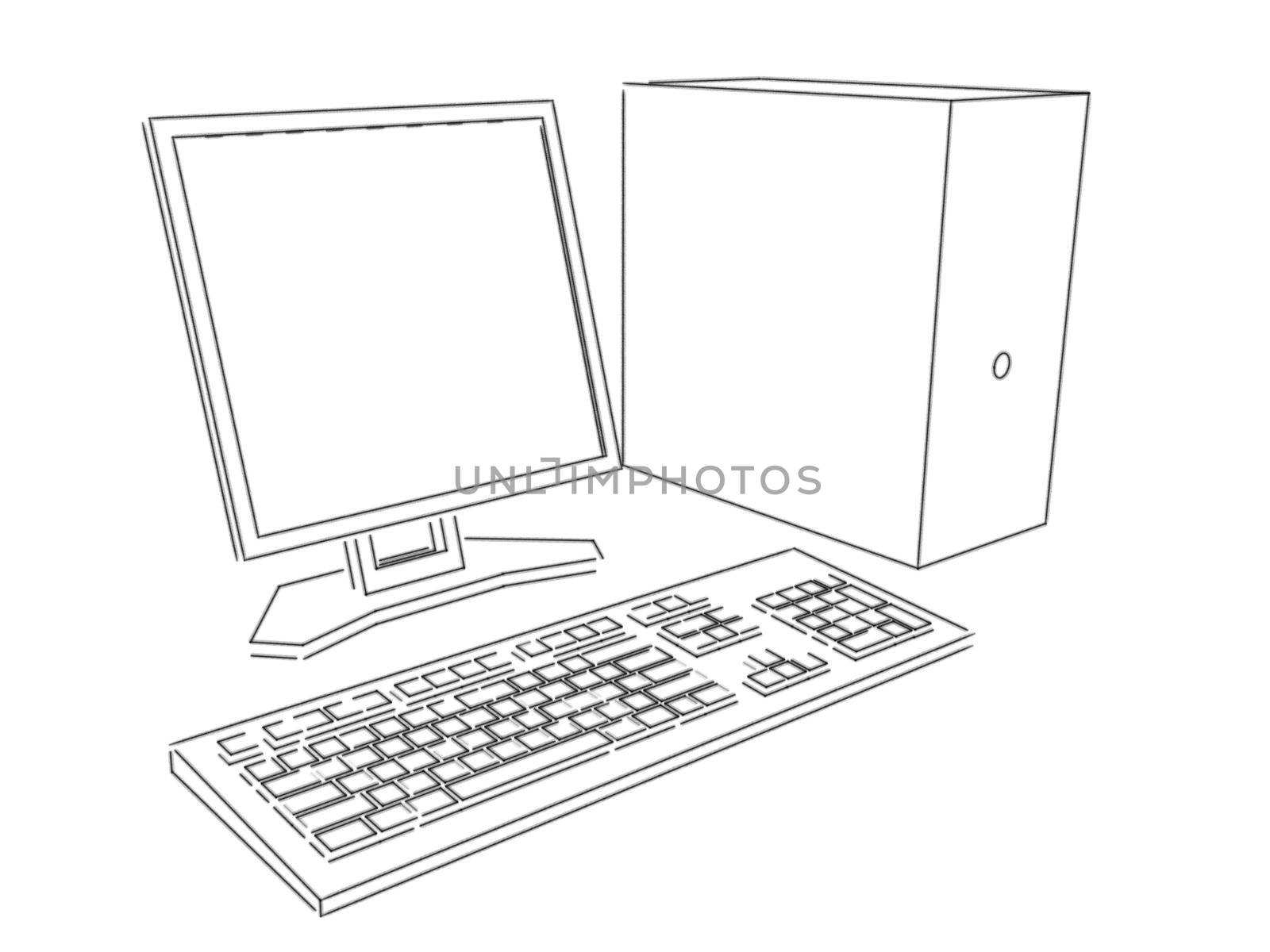 A 3d computer, LCD monitor and keyboard isolated on white