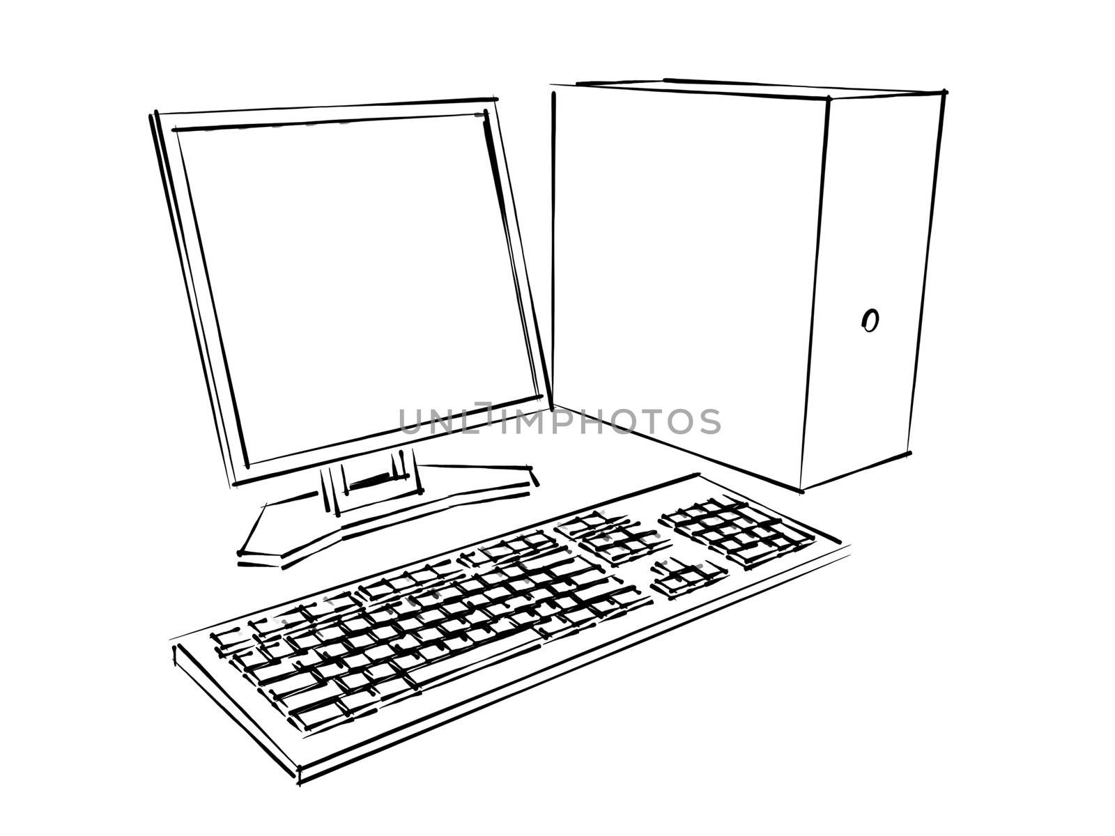 A 3d computer, LCD monitor and keyboard drawn with a marker isolated on white