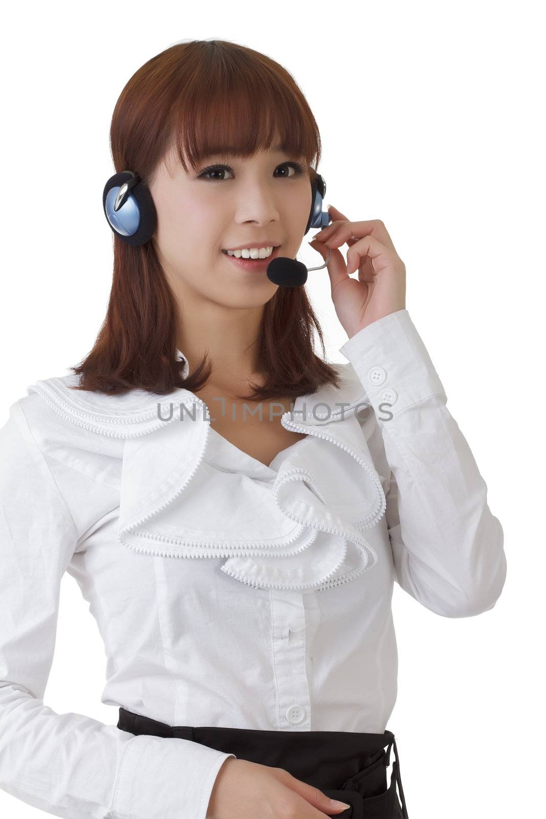 Pretty Asian secretary with headphone against white background.