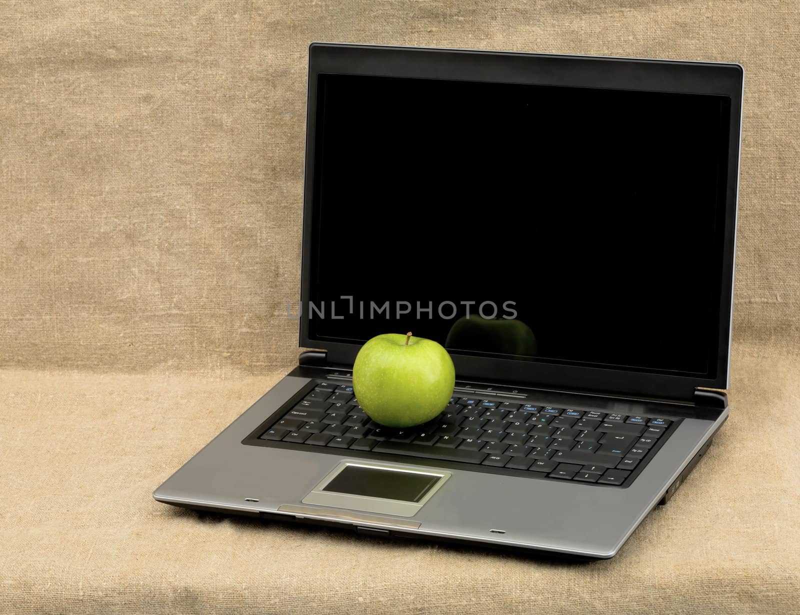 Laptop and green apple on the textile background