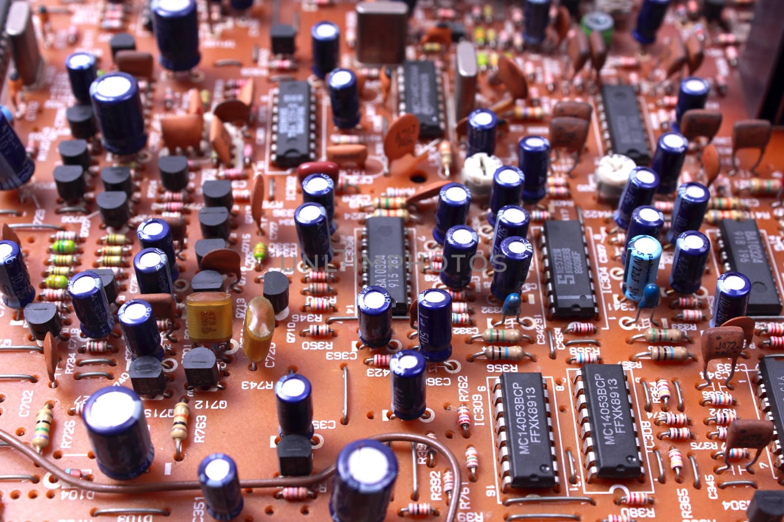 Closeup of electronic parts on mainboard