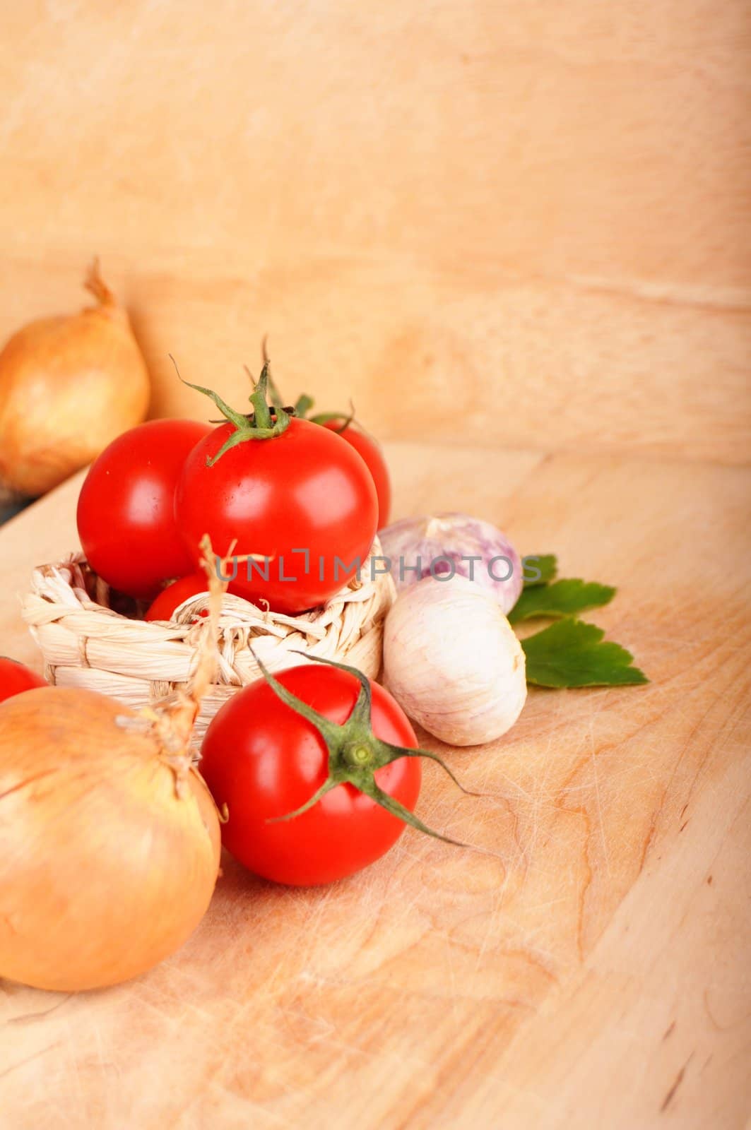 tomatoes vegetable and garlic with copyspace showing food concept
