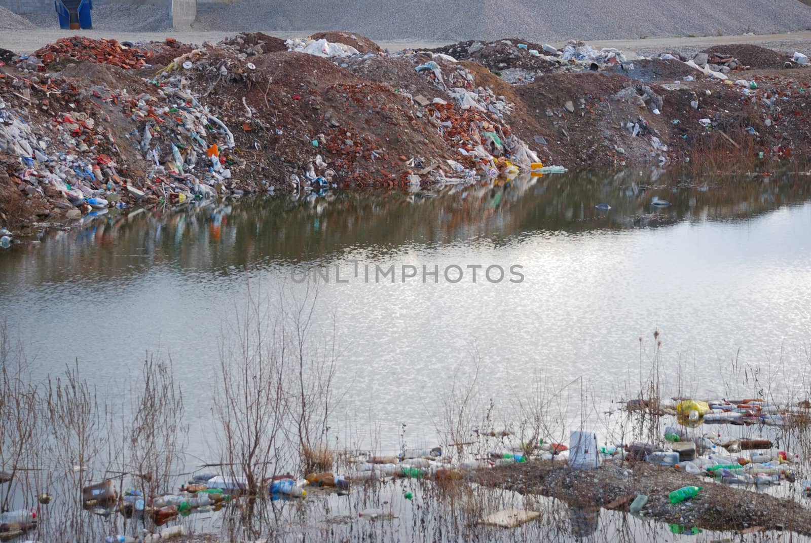 Trash floating polluting water in a pond.