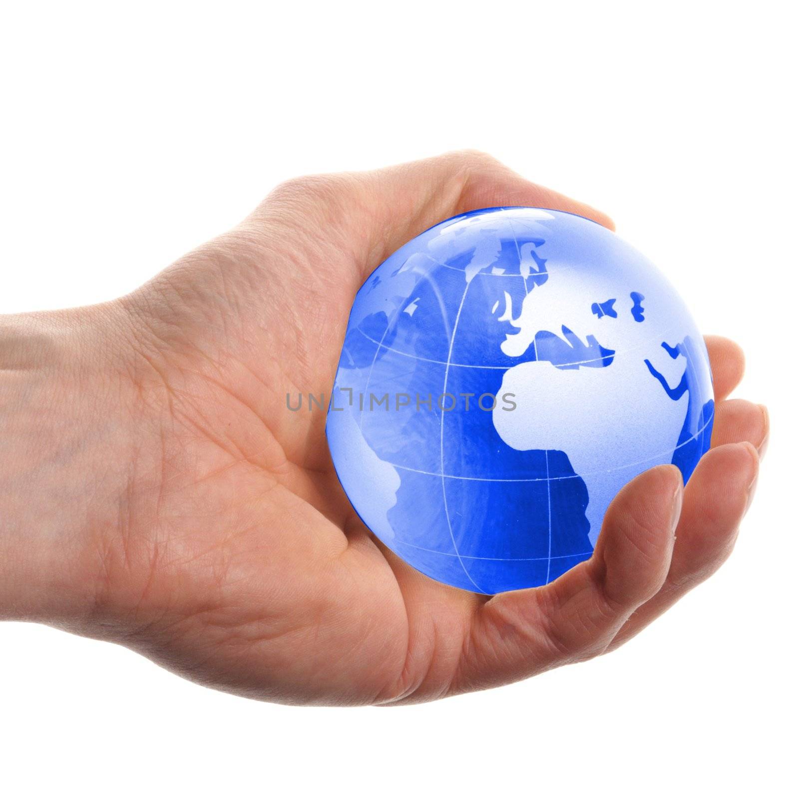 environmental protection or business concept with glass globe in hand isolated on white