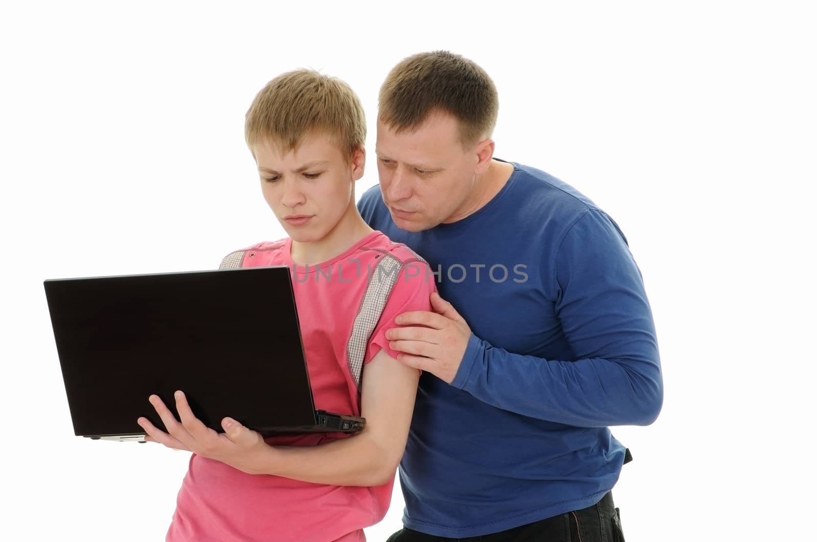 The father and the son look in laptop isolated on white background