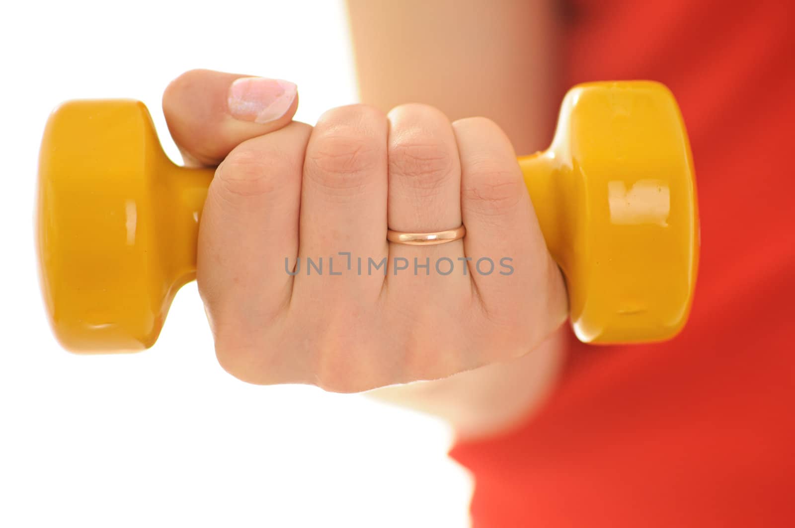 woman hand with dumbbels isolated on white background