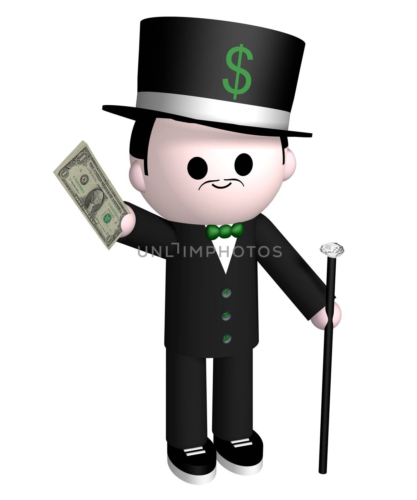 Illustration of a wealthy man holding out dollar bills 