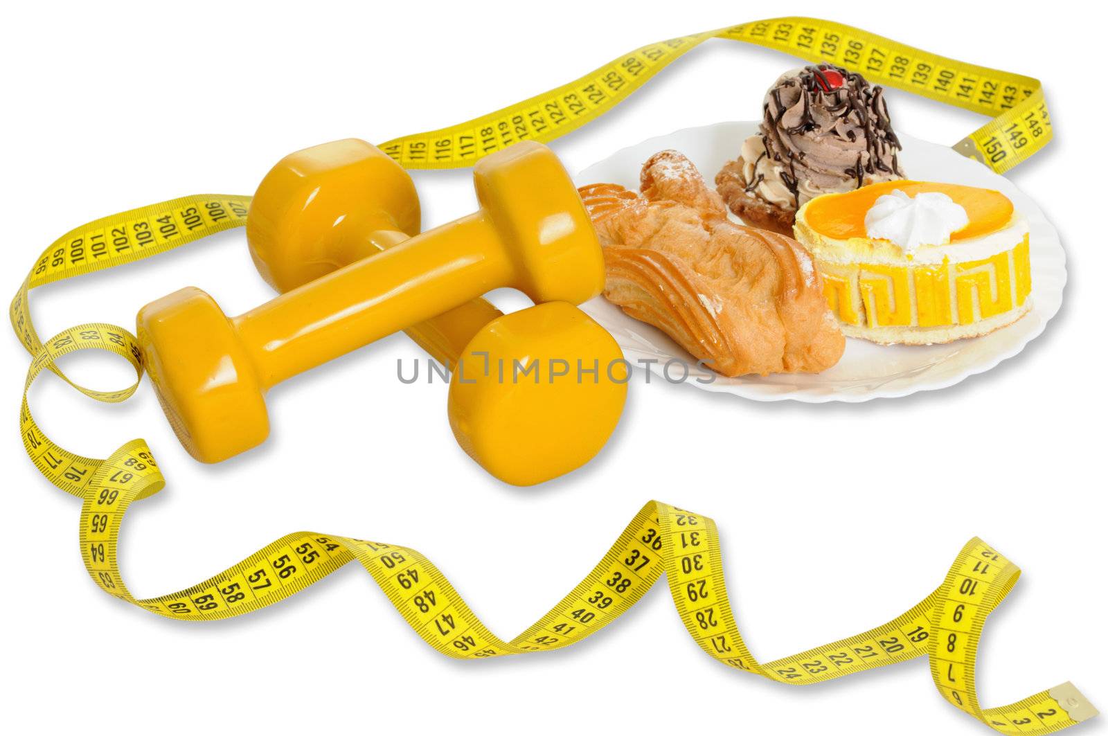 tape measure,cakes and dumbbells isolated on white background