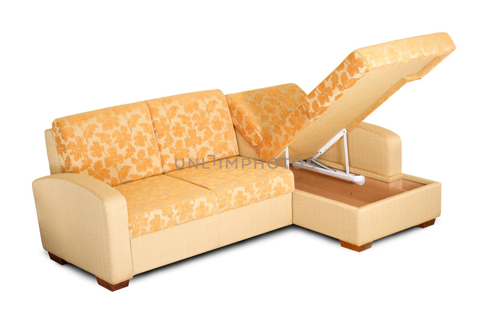 Yellow sofa with an open box isolated on a white background.