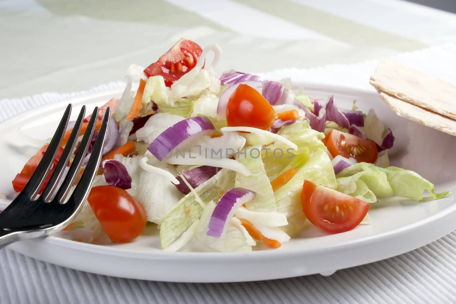 Side salad with fork and crackers