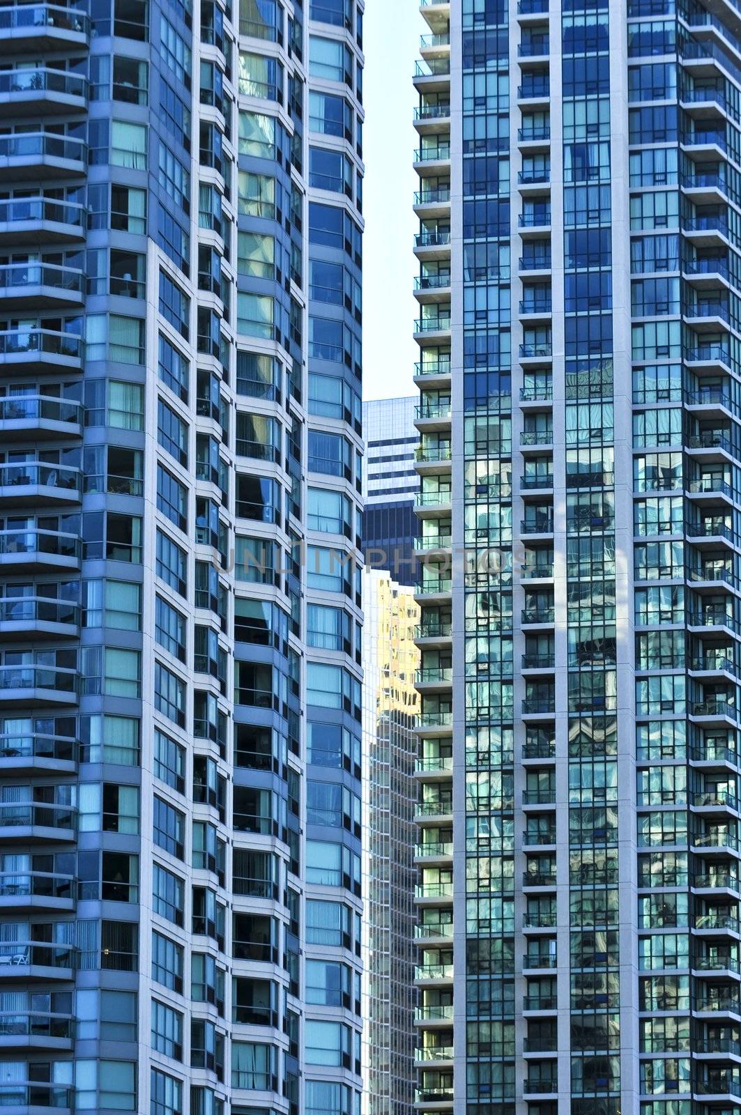 Tall condominium or apartment buildings in the city