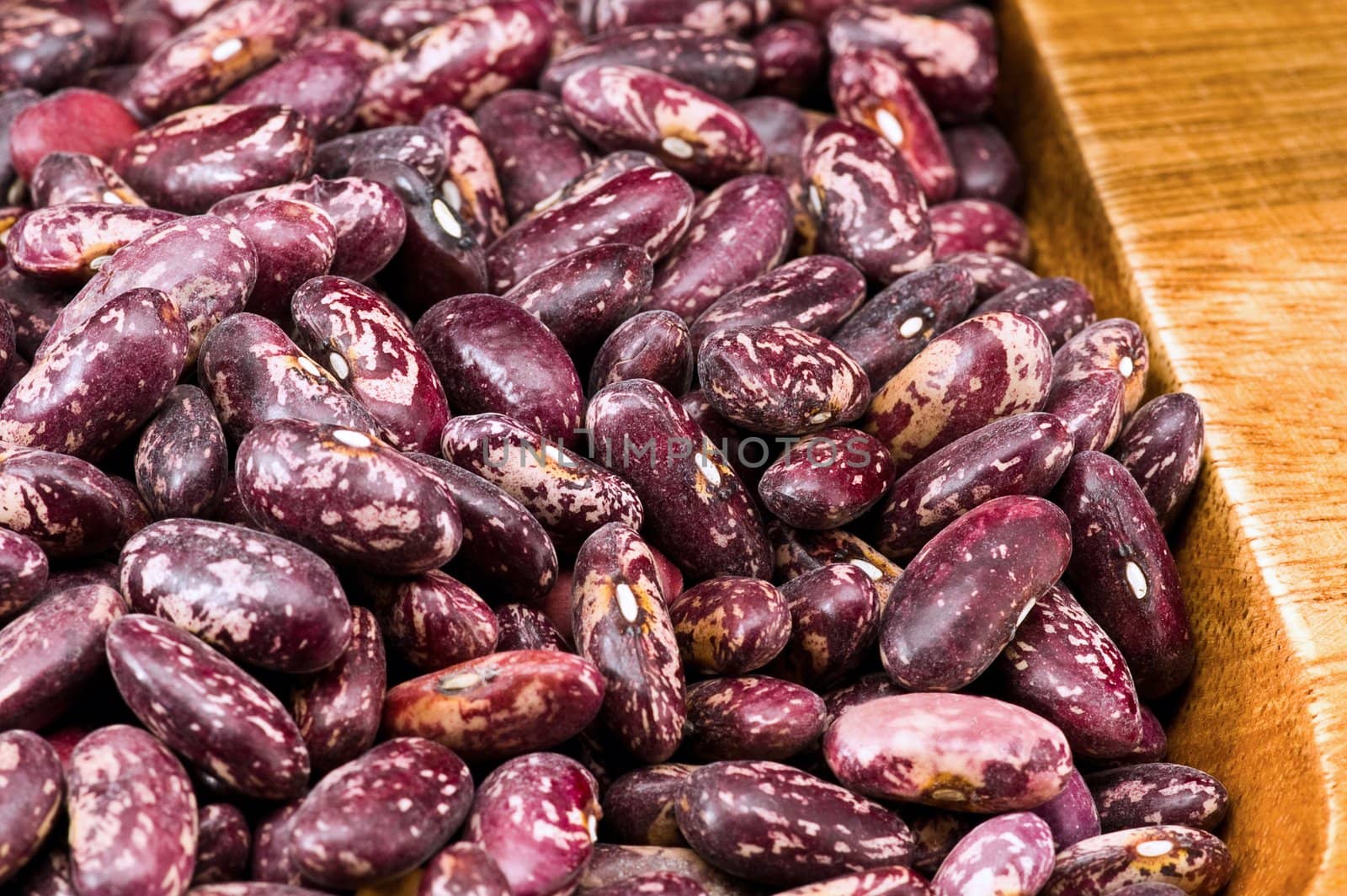 A couple of dark red and spotted kidney beans in wooden dish 