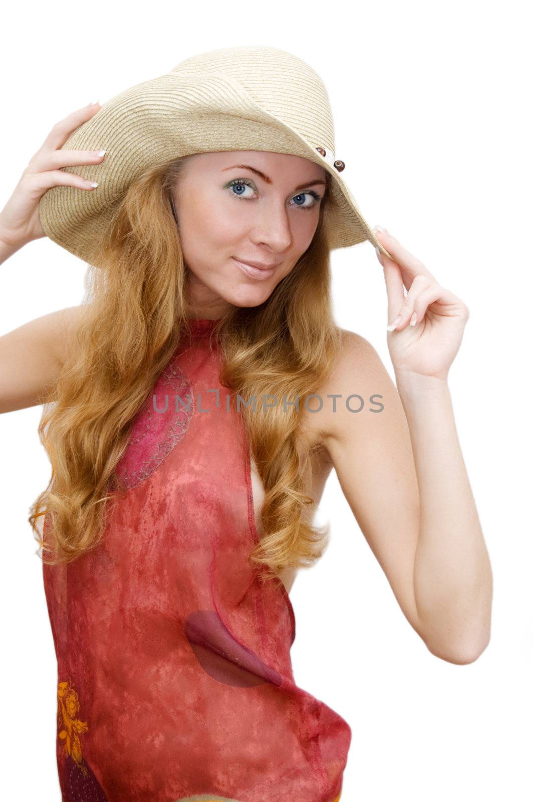 Red headed woman in hat isolated on white