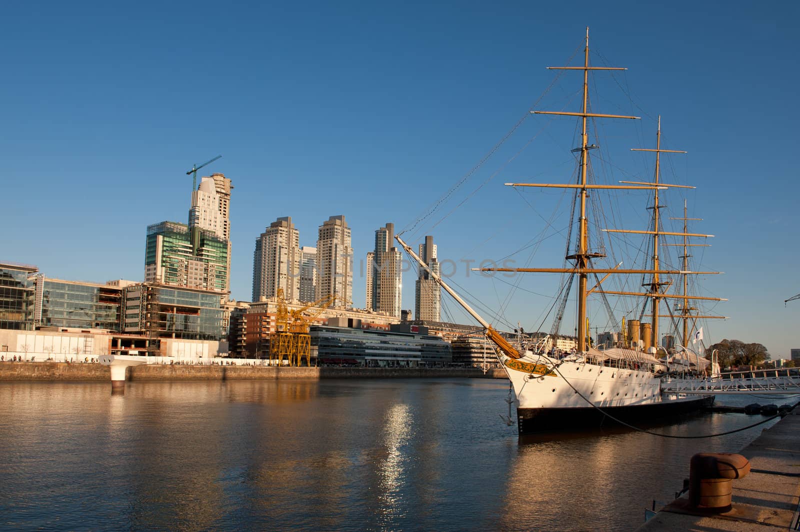 Old frigate in the harbor of Puerto Madero, touristic neighborhood in Buenos Aires, Argentina 