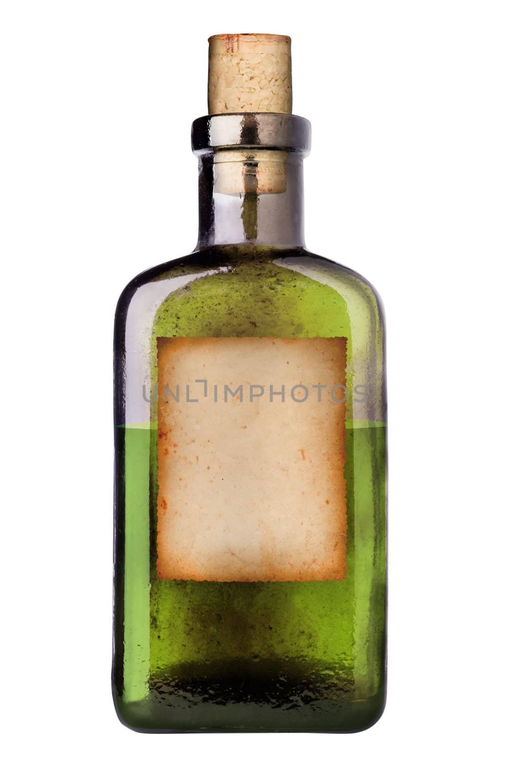 Old fashioned drug bottle with label, isolated, clipping path.