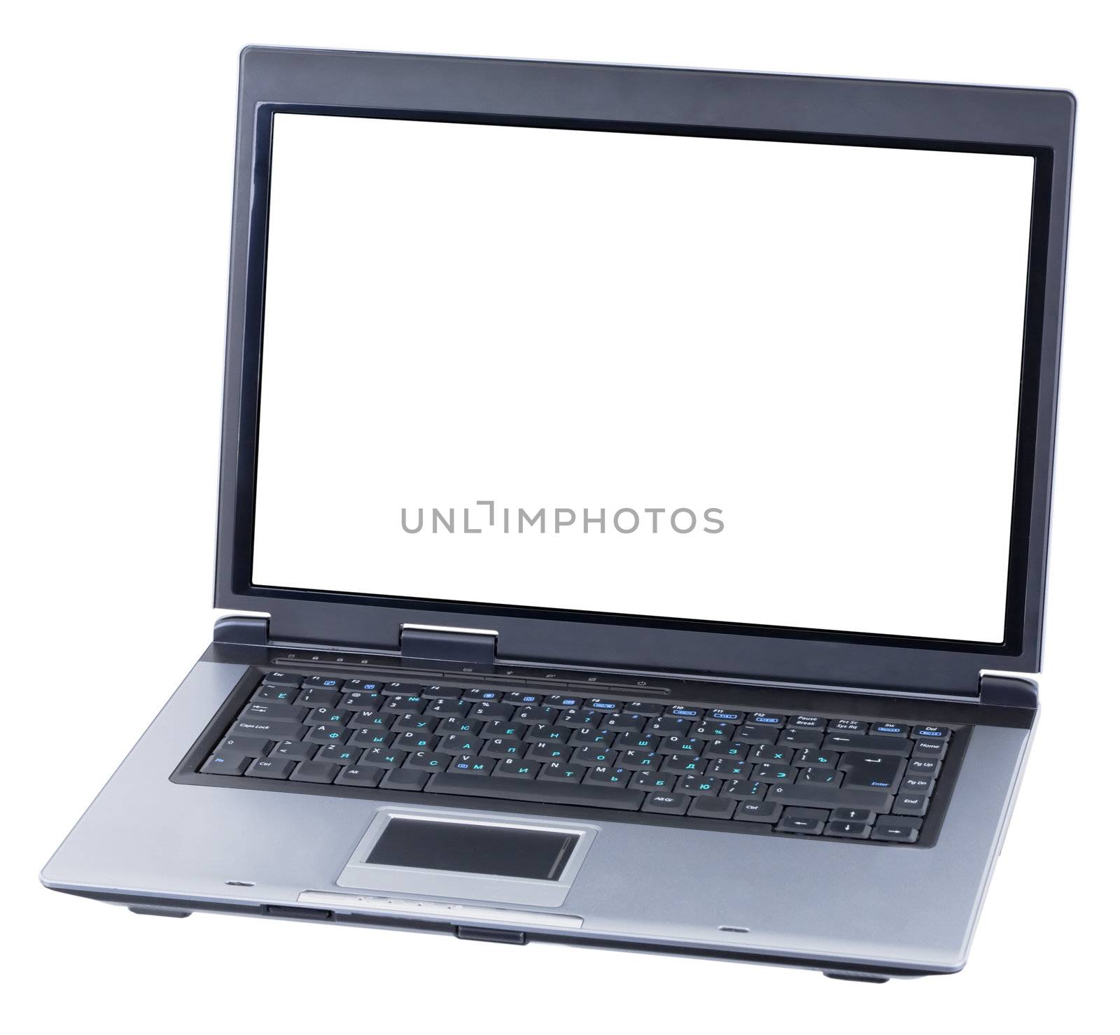 Old black laptop with russian keyboard on a white