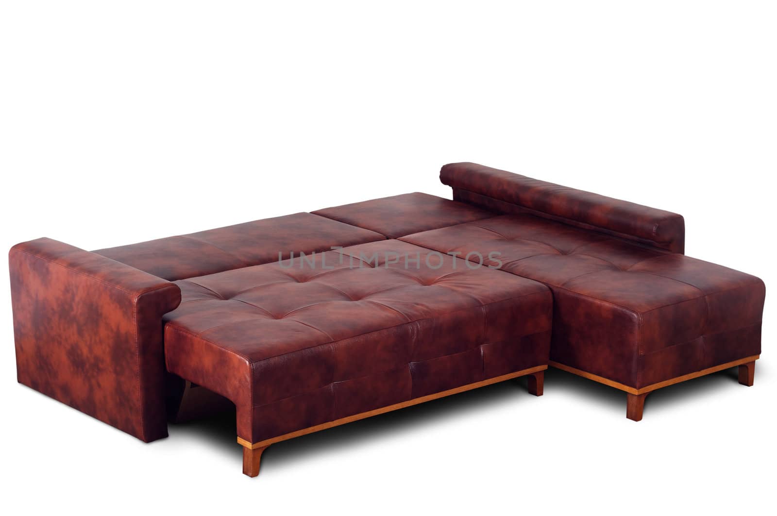 Open brown leather sofa isolated on a white background.