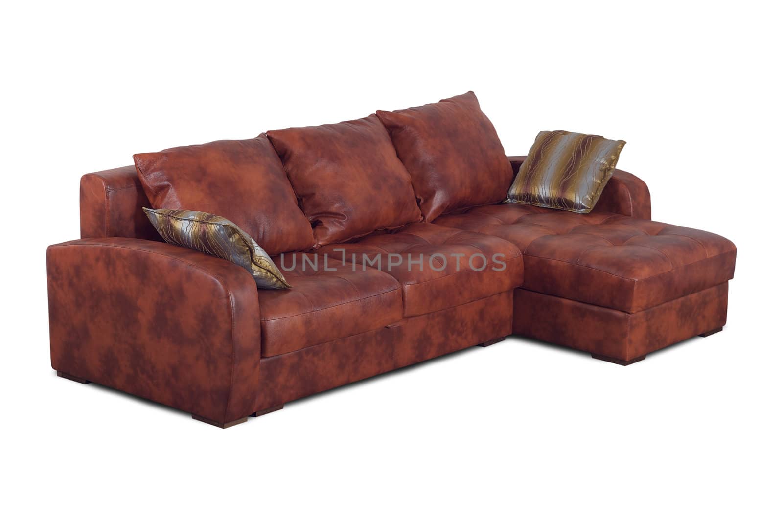 Brown leather sofa with pillows isolated on a white background.