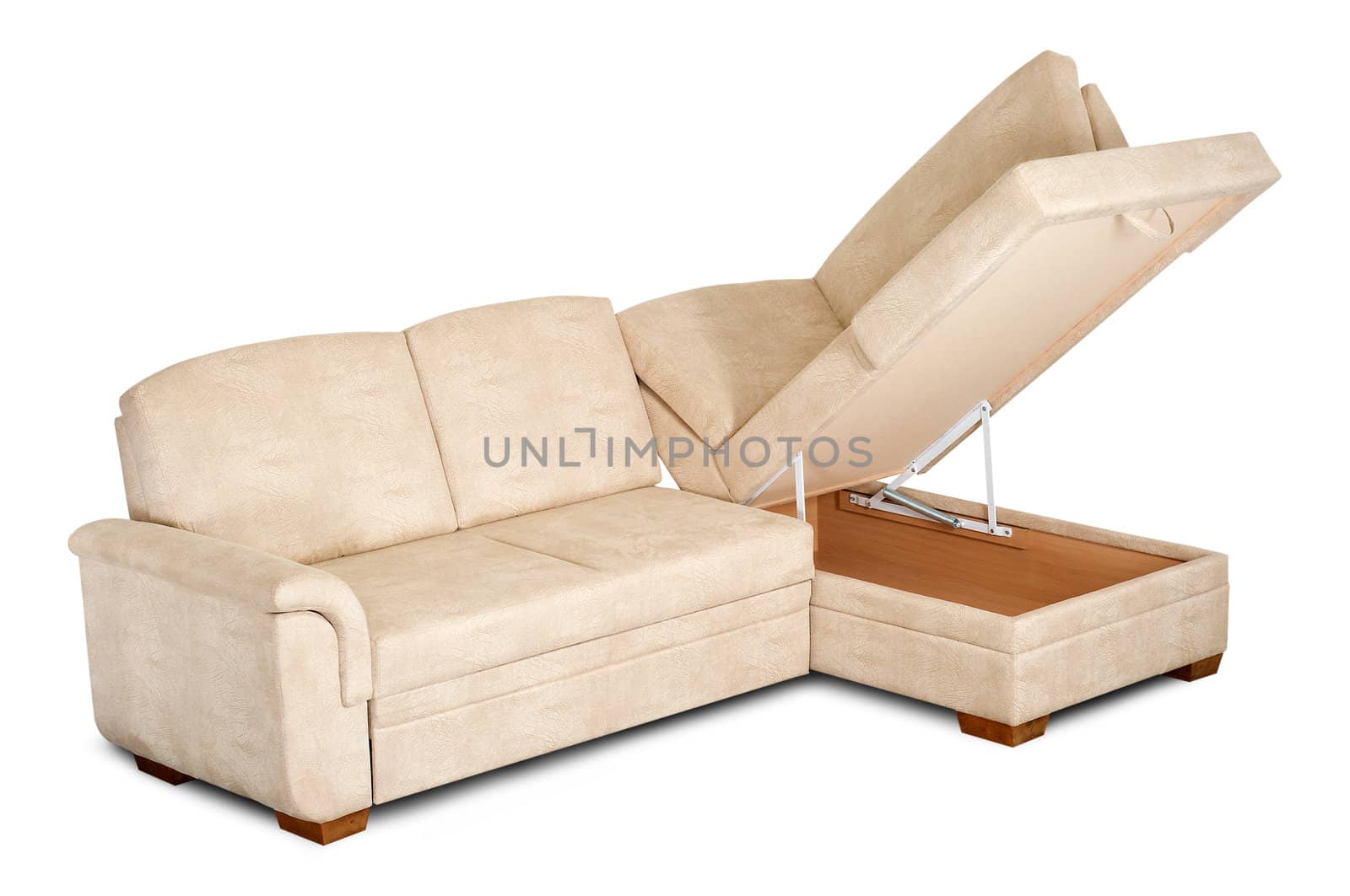 Bright sofa with an open box isolated on a white background.