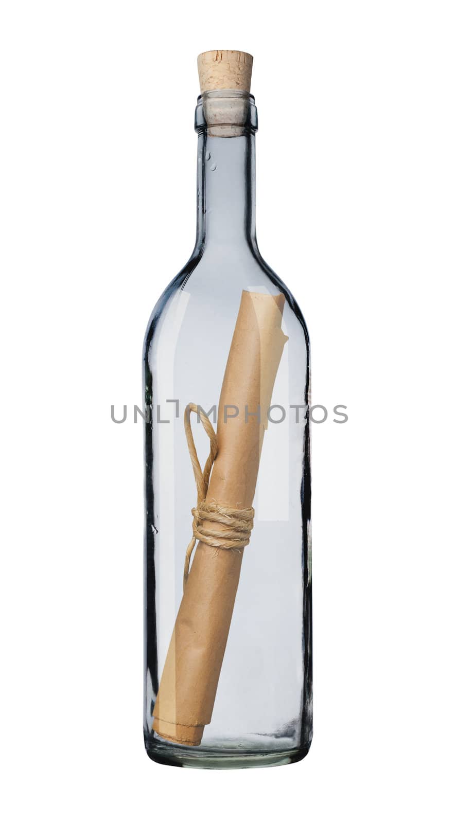 Bottle with message isolated, white background, clipping path.