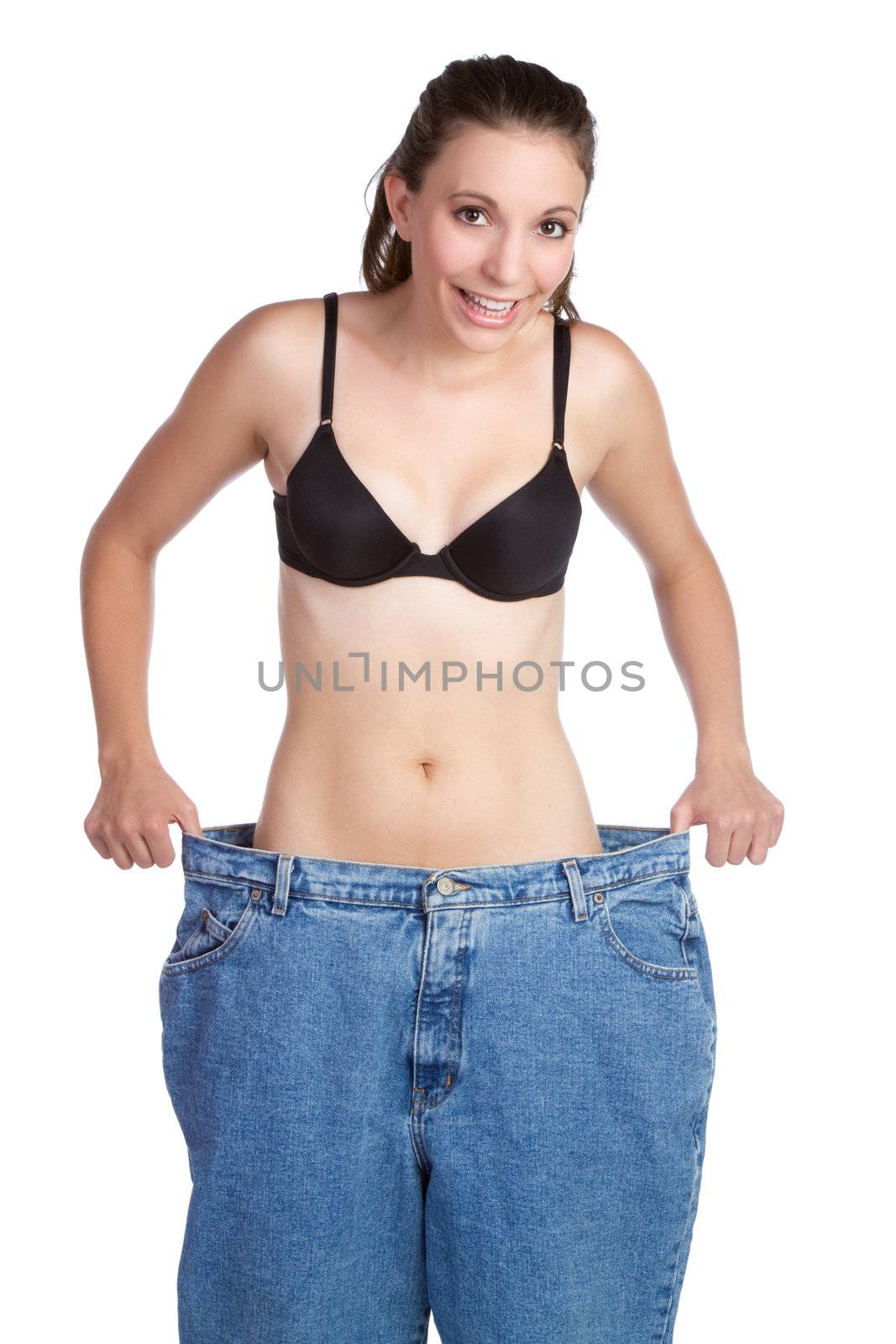 Weight loss woman holding pants
