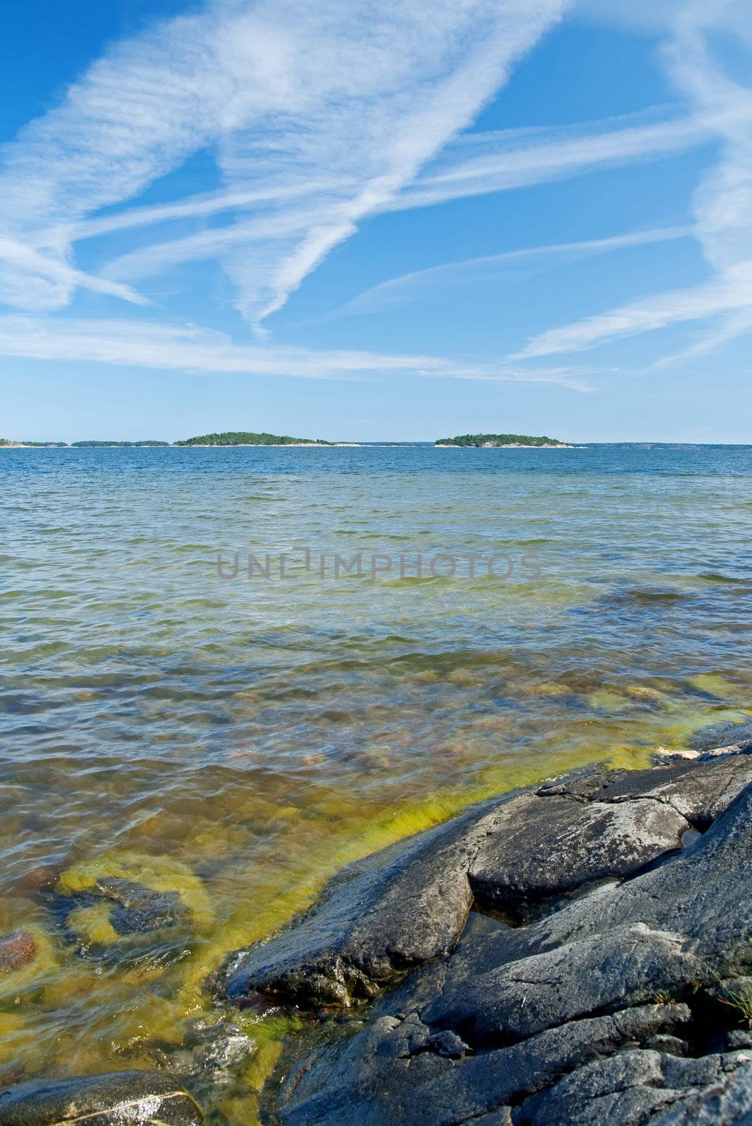 Scandinavian rocky coastline. Baltic Sea in summer.