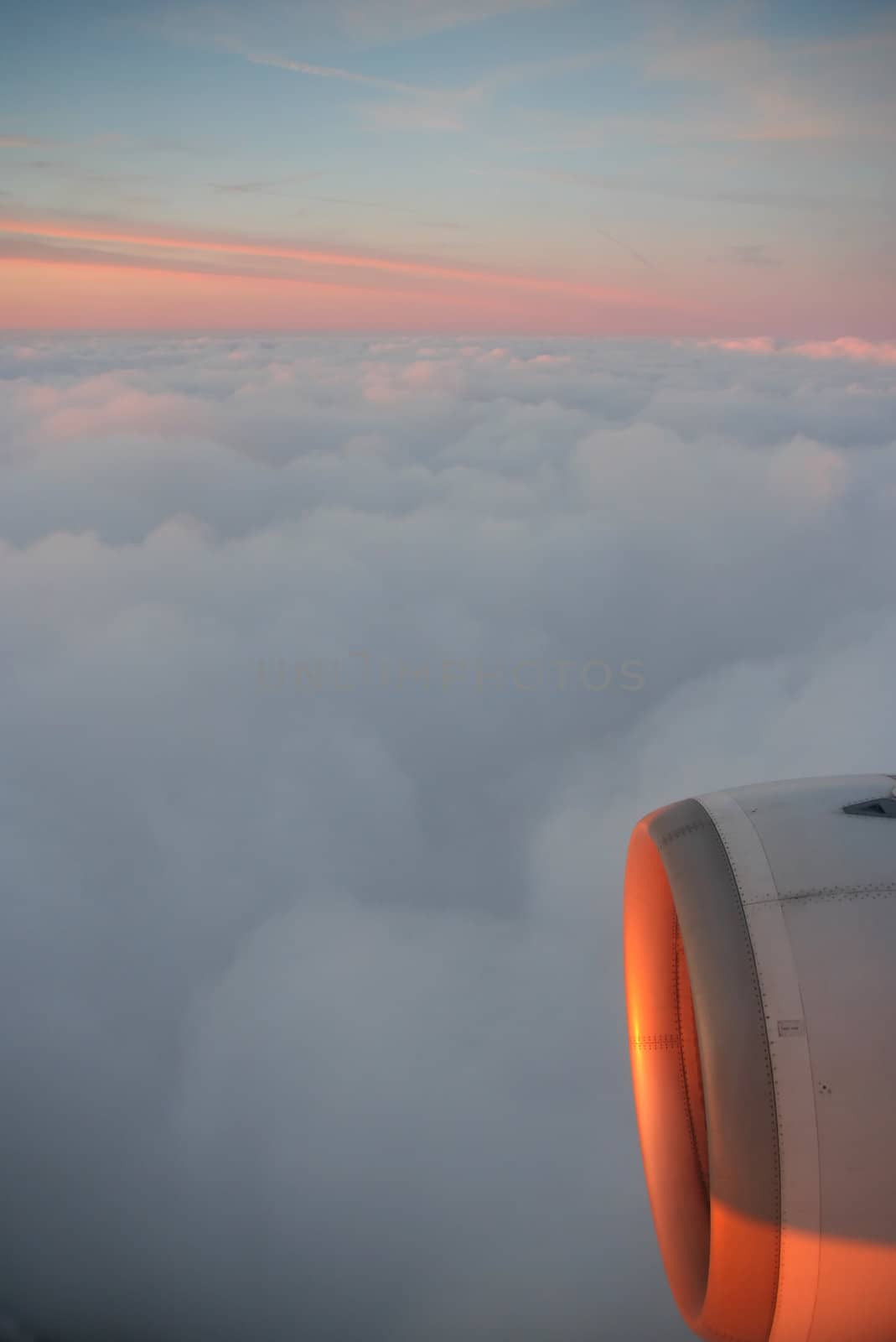 Setting sun shining on aircraft engine