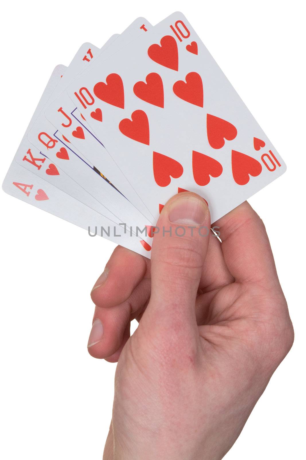 Playing card with heart on hand on the white background