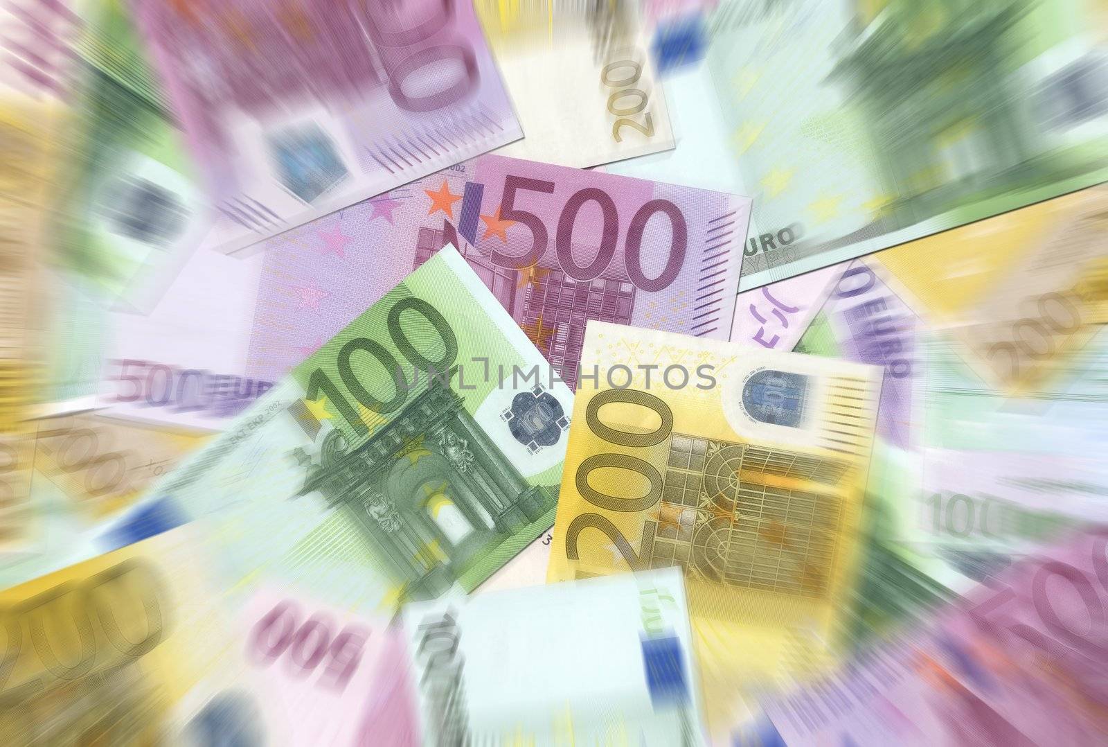 100, 200, 500 Euro notes background texture  - mingled pile - blured, center focused