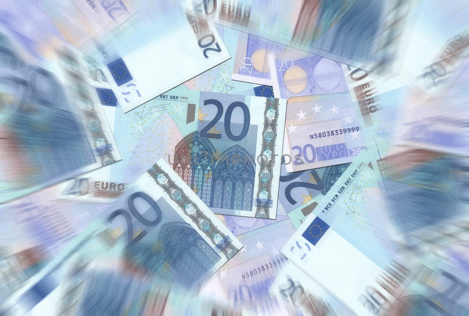 20 Euro notes background texture - mingled pile - radial blur, center focused