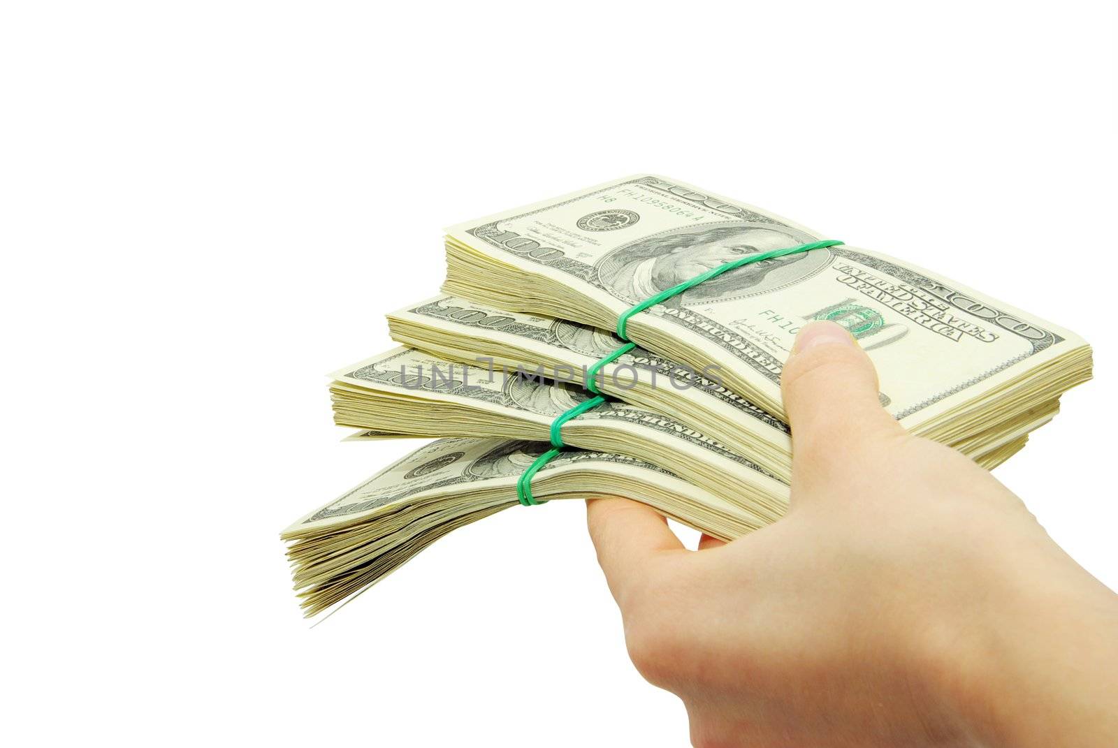 Hand with money isolated on white background