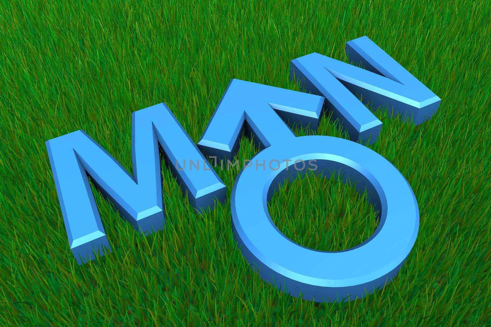 blue word man on grass with male gender symbol