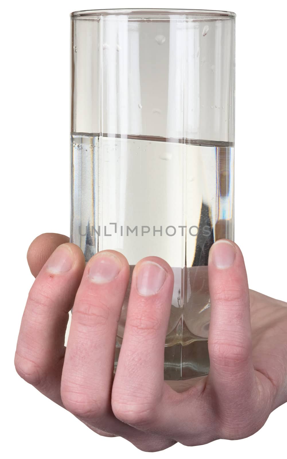 Glass on hand of water on hand on the white background