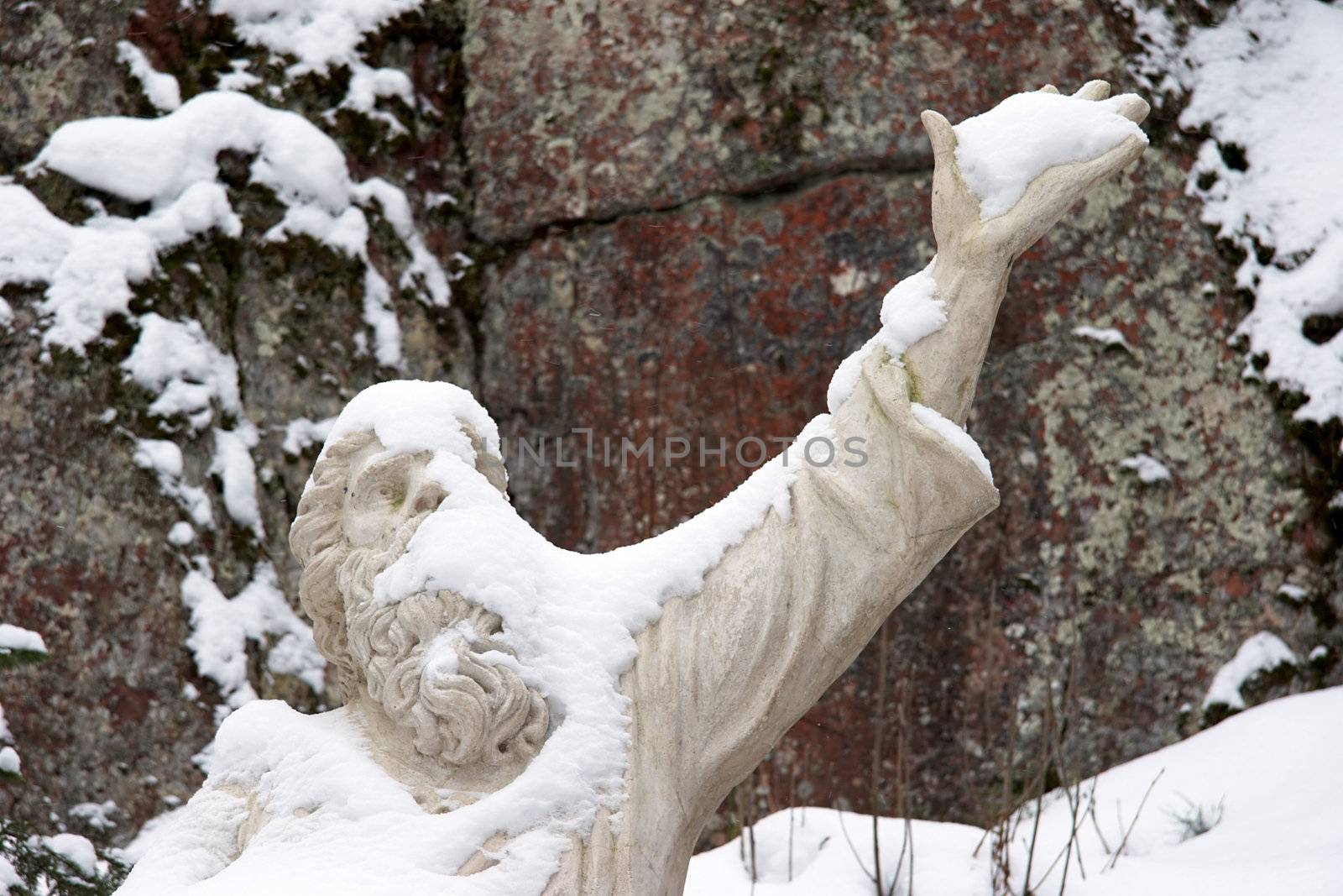 Statue of Vainamoinen, the central character from Finnish national epic Kalevala. The statue is located in Mon Repos landscaped park near Saint Petersburg.