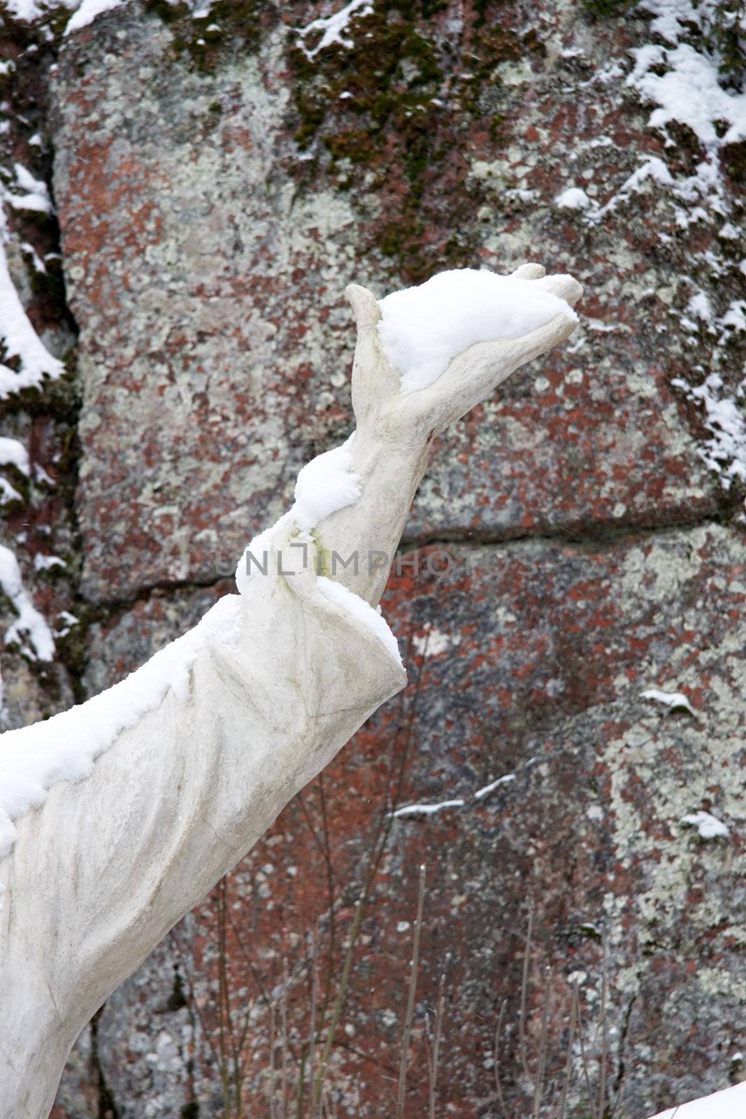 Closeup on statue of Vainamoinen, the central character from Finnish national epic Kalevala. The statue is located in Mon Repos landscaped park near Saint Petersburg.