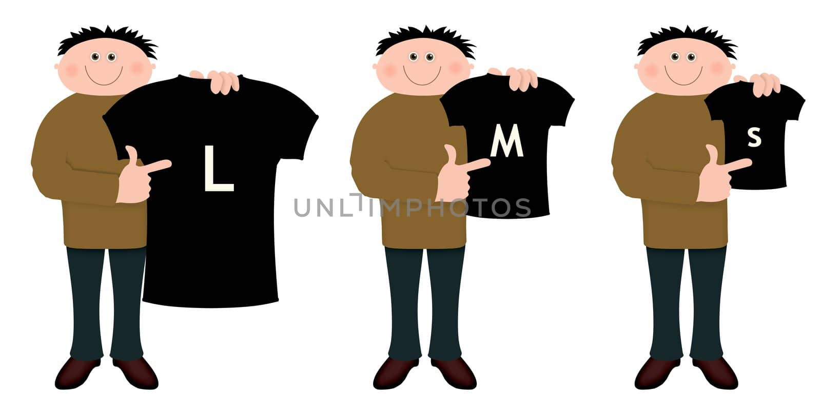 Illustration of a cartoon character holding three sizes of shirts