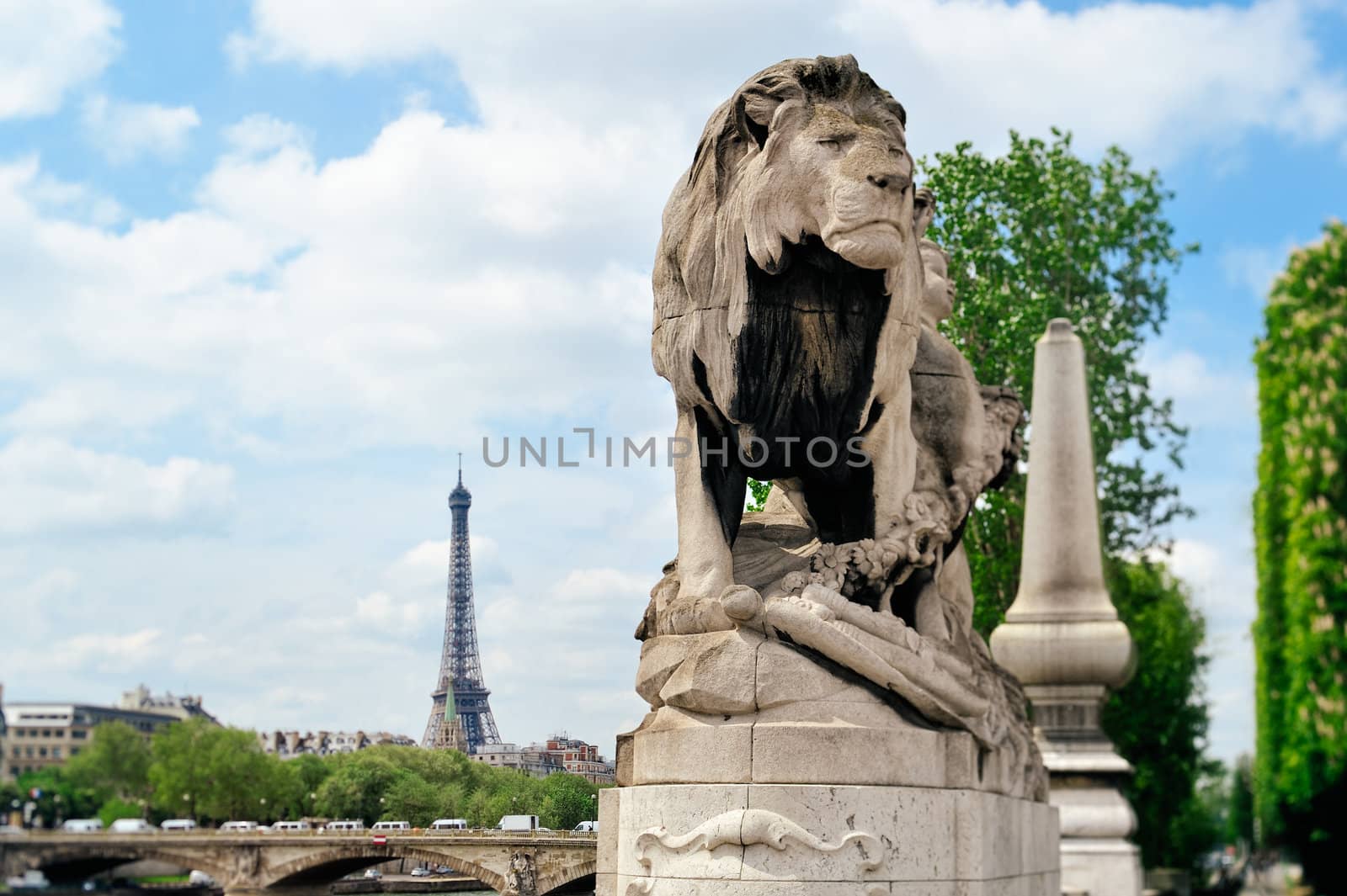 Sculpture lion on the bridge Alexander's III in Paris. Photo with tilt-shift lens