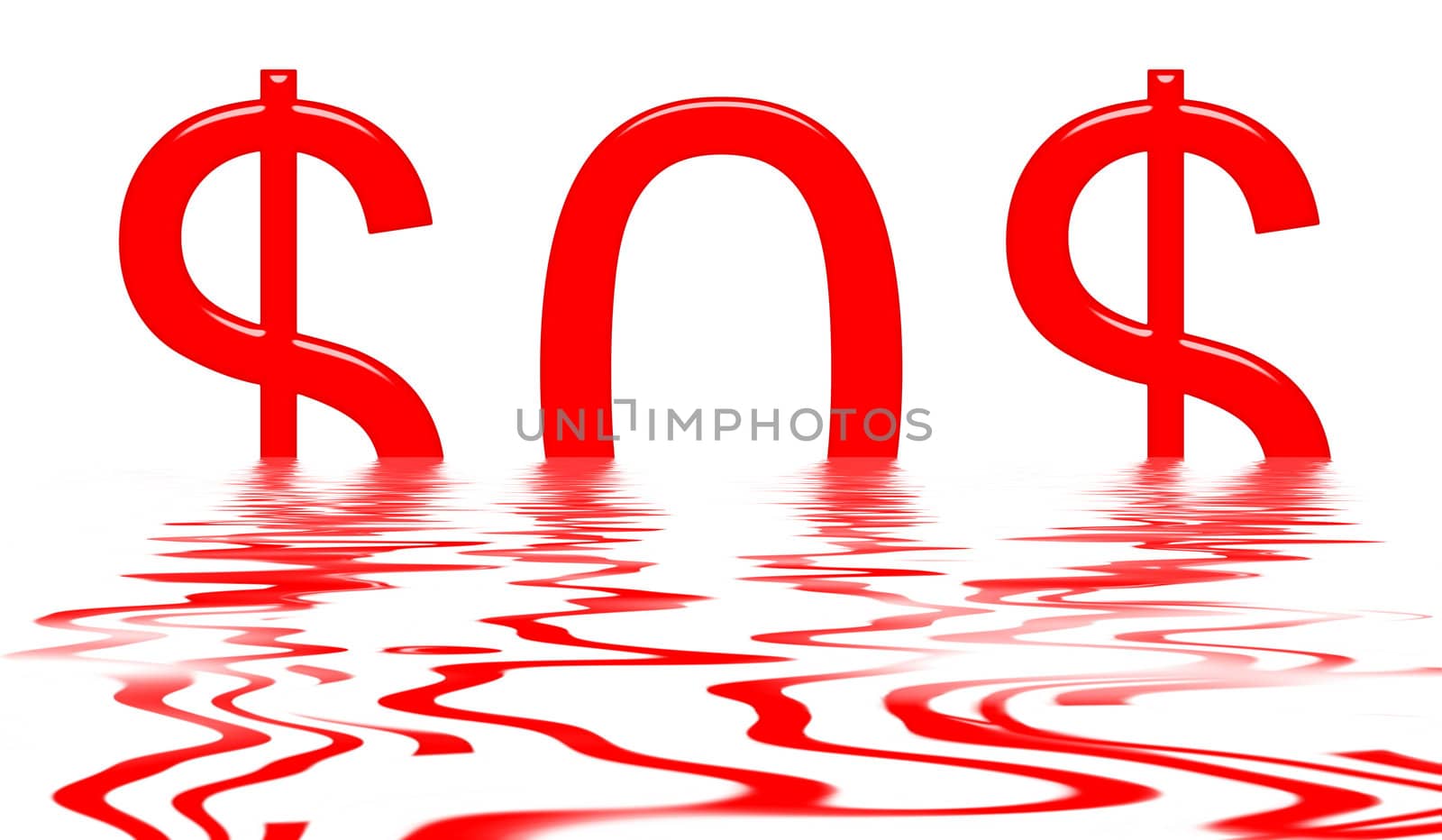 Dollar sinking with SOS signal isolated in white