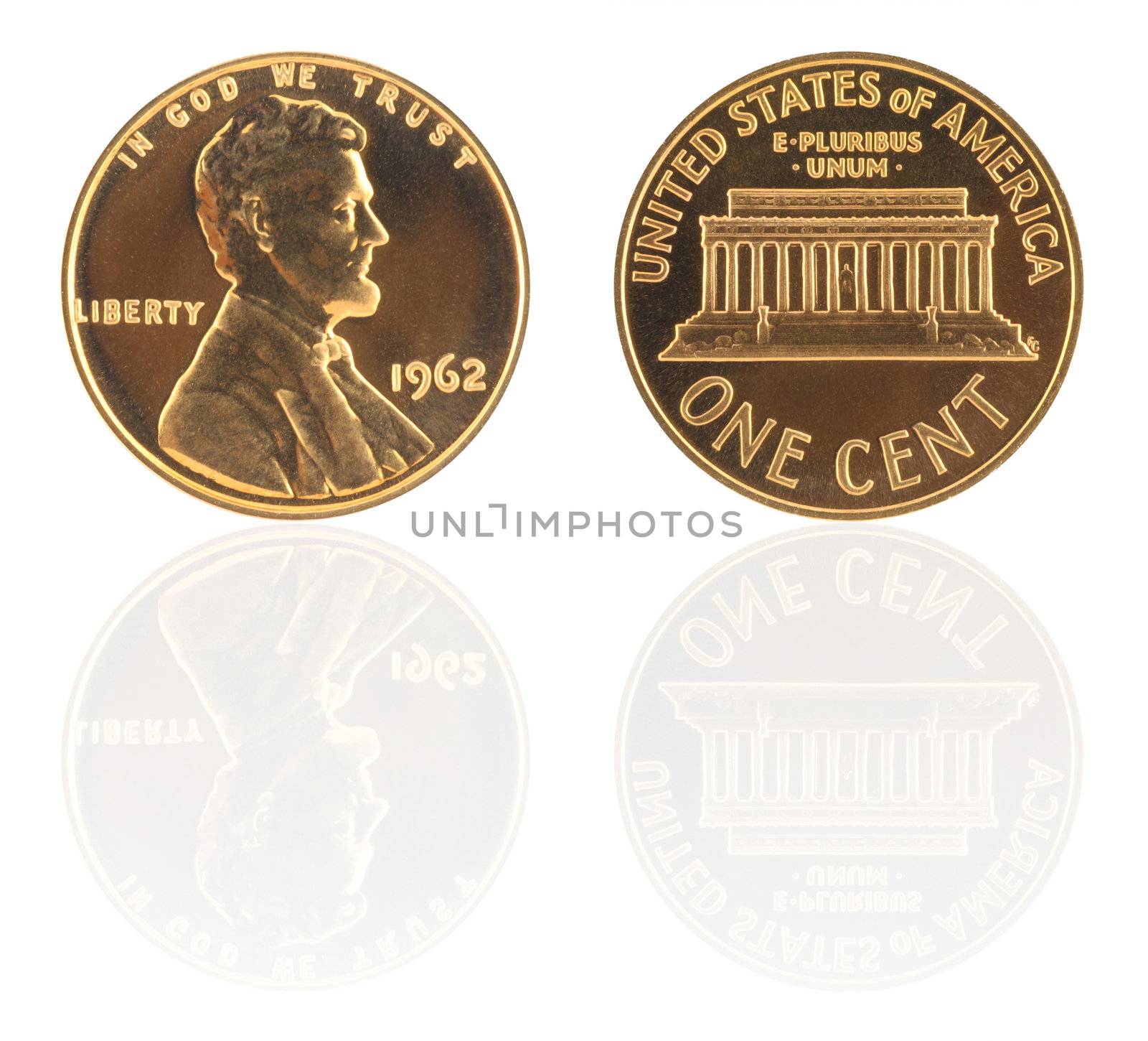 USA one cent with reflection isolated in white