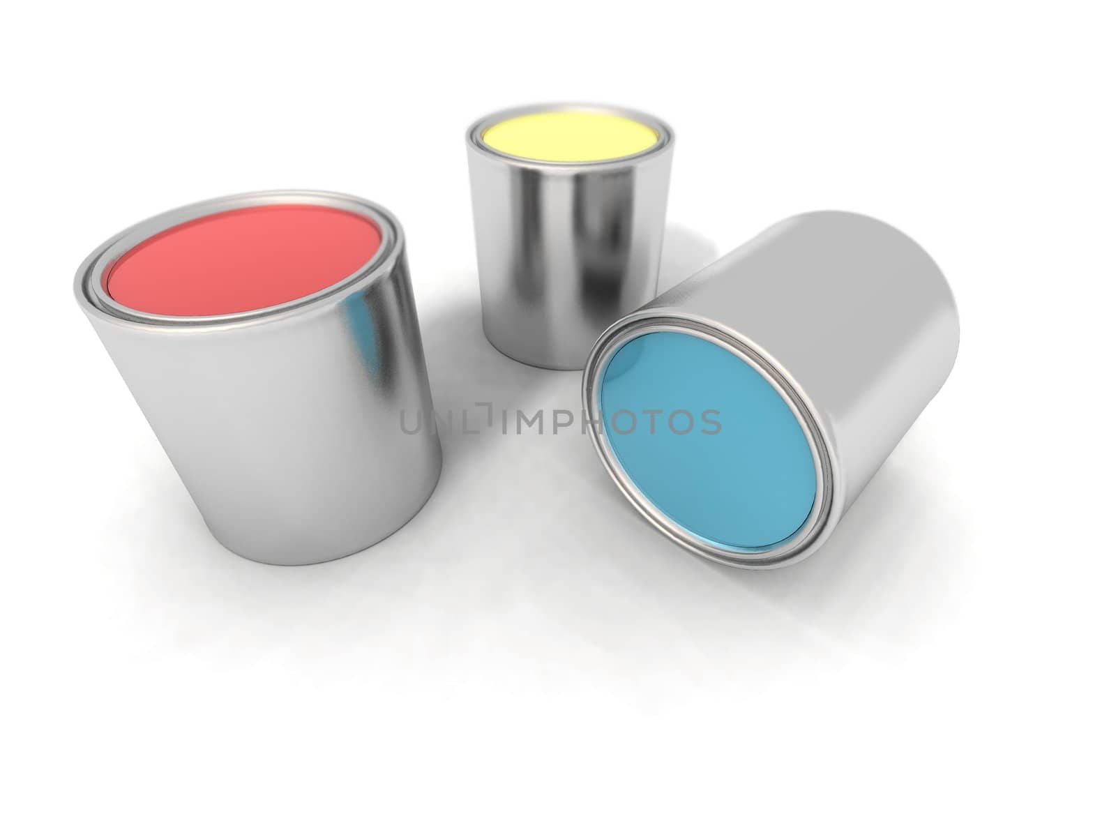 a 3d render of red, blue and yellow paint cans